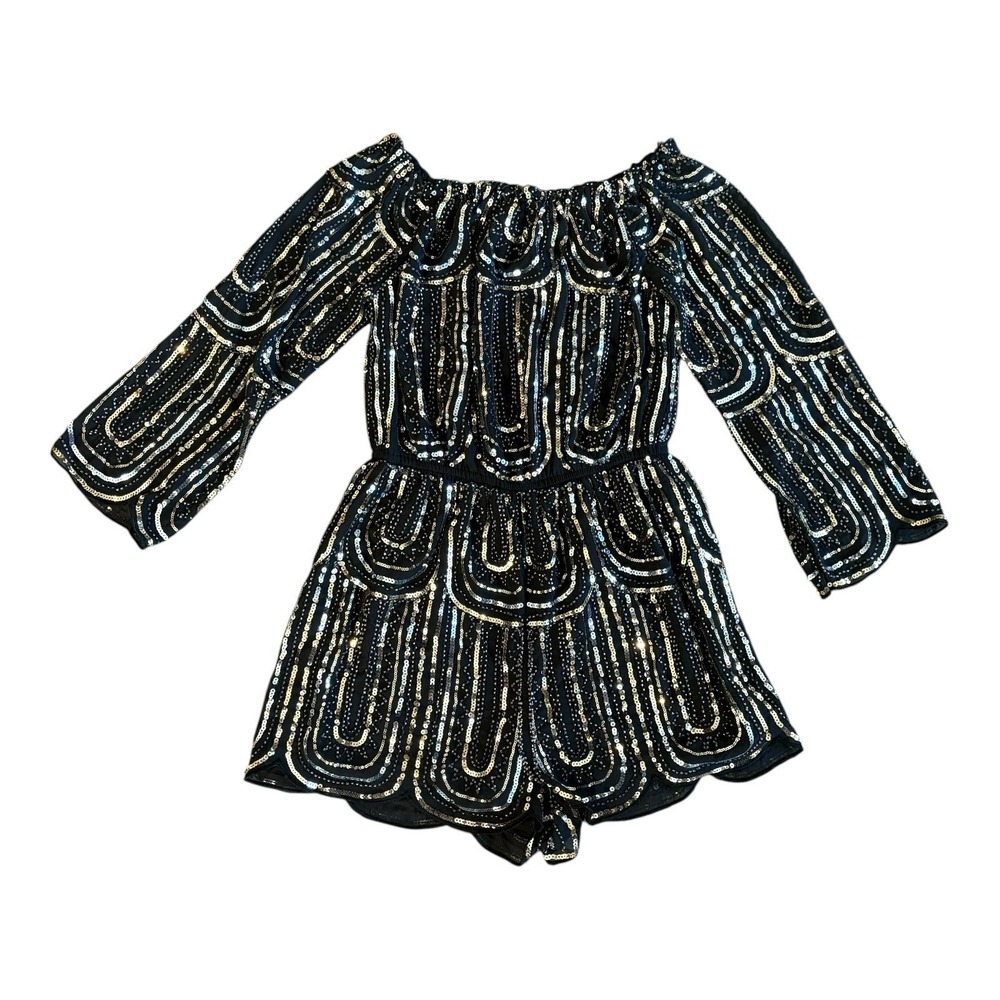 Sequin Off Shoulder Bell Sleeve Romper Black Sparkly Gatsby Party Size S - Picture 3 of 5